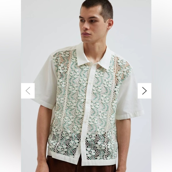 NWOT BDG Urban Outfitters Cream Green Crochet Lace Short Sleeve Button Down / sm - Picture 2 of 11